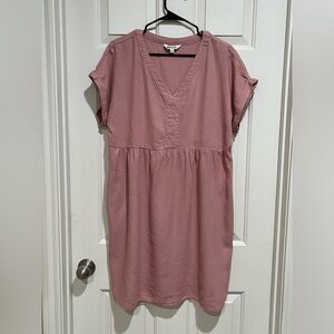 Briggs DUSTY Rose PINK LINEN BLEND V-NECK SHORT SLEEVE DRESS, WOMEN SIZE L